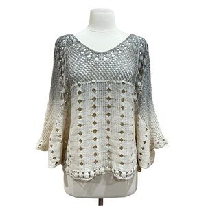 Cream Grey Ombre Open Crochet Poncho Pullover Size Medium